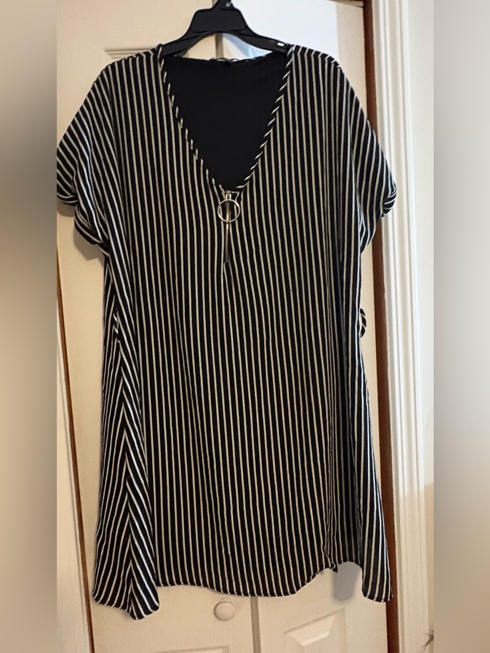 Vibe Black and White Striped V-Neck Tunic with Ring Accent
